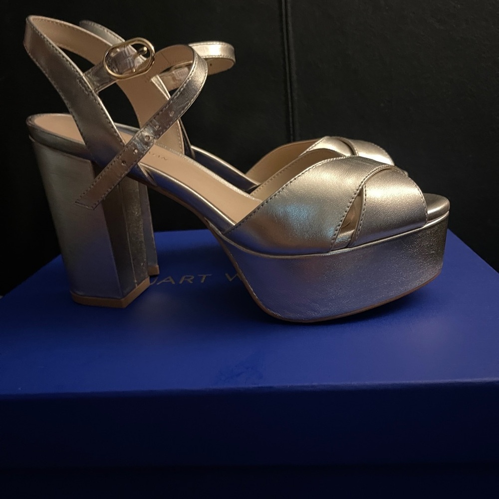 STUART WEITZMAN INVONA Gold Metallic Platform Block Heel Sandals Size 6 US NWB